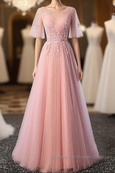 Pink Tulle A-Line Long Party Dress Bridesmaid Dress A Line Short Sleeves Floor Length Semi Formal Prom Dress