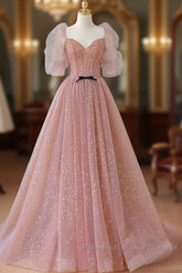 Pink Tulle Beautiful Puffy Sleeves Long Semi Formal Prom Dress, Pink A-Line Evening Dresses