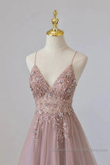 Pink Tulle Long A-Line Semi Formal Prom Dress, Pink Spaghetti Formal Dress With Beaded