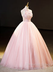 Pink Tulle Long Formal Dress With Floral Lace, Pink Halter Tulle Sweet 16 Dress