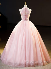 Pink Tulle Long Formal Dress With Floral Lace, Pink Halter Tulle Sweet 16 Dress