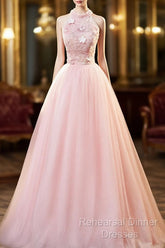 Pink Tulle Long Formal Dress With Floral Lace, Pink Halter Tulle Sweet 16 Dress