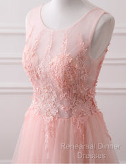 Pink Tulle Round Lace Applique Long Formal Dress, Pink Tulle Junior Semi Formal Prom Dress Party Dress