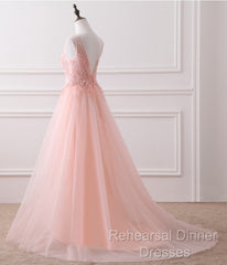 Pink Tulle Round Lace Applique Long Formal Dress, Pink Tulle Junior Semi Formal Prom Dress Party Dress