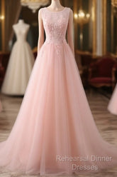 Pink Tulle Round Lace Applique Long Formal Dress, Pink Tulle Junior Semi Formal Prom Dress Party Dress