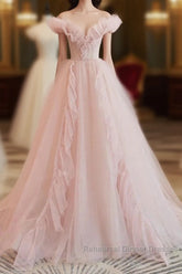 Pink Tulle Ruffles Off The Shoulder Long Semi Formal Prom Dress