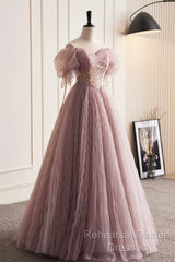 Pink Tulle Sequins Floor Length Semi Formal Prom Dress, Beautiful Off The Shoulder Evening Party Dress