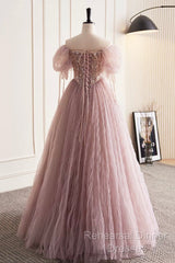 Pink Tulle Sequins Floor Length Semi Formal Prom Dress, Beautiful Off The Shoulder Evening Party Dress