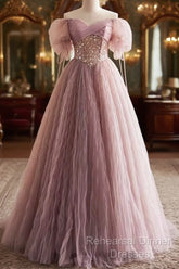 Pink Tulle Sequins Floor Length Semi Formal Prom Dress, Beautiful Off The Shoulder Evening Party Dress