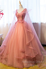 Pink Tulle Sweet 16 Party Dress With Lace Applique, Long Formal Gown