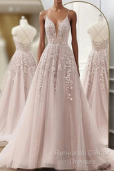 Pink Tulle With Lace Applique Low Back Semi Formal Prom Dress, Pink A-Line Tulle Party Dress