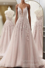 Pink Tulle With Lace Applique Low Back Semi Formal Prom Dress, Pink A-Line Tulle Party Dress