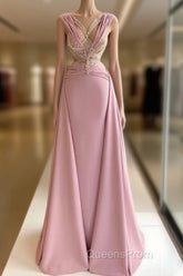 Pink V-Neck Fitted Satin Lace Long Evening Prom Dress