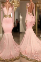 Pink V Neck Long Sleeves Mermaid Semi Formal Prom Dresses Affordable Evening Dresses