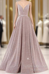 Pink V Neck Sequin A Line Semi Formal Prom Dress With Slit