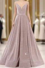 Pink V Neck Sequin A Line Semi Formal Prom Dress With Slit