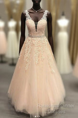 Pink V Neck Tulle Lace Long Semi Formal Prom Dress Pink Evening Dress