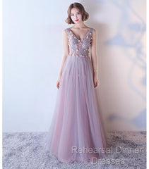 Pink V-Neckline Tulle With Flowers Beaded Long Party Dress, Junior Semi Formal Prom Dresses