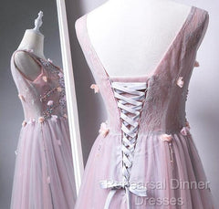 Pink V-Neckline Tulle With Flowers Beaded Long Party Dress, Junior Semi Formal Prom Dresses