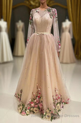 A Line Tulle Long Semi Formal Prom Dress with Flowers, Pink Long Sleeves Party Dress with Beading