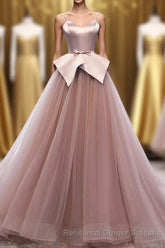 Pink Spaghetti Straps Tulle Long Semi Formal Prom Dress, Unique Long Wedding Dess