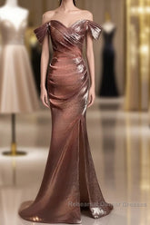 Pleat Trumpet Mermaid Coffee Sequin Semi Formal Prom Dress With Slit