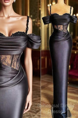 Plus Size Arabic Aso Ebi Black Lace Beaded Semi Formal Prom Dresses Spaghetti Sheath Satin Evening Formal Party Second Reception Gowns