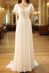 Popular Vintage Wedding Dress Bohemia Short Sleeves Beads Peals Chiffon Bridal Dresses
