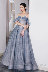 Pretty A Line Off The Shoulder Blue Sequin Tulle Long Length Evening Dress Semi Formal Prom Dresses