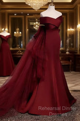 Pretty A Line Off The Shoulder Burgundy Satin Long Evening Party Dress Semi Formal Prom Dresses With Bow
