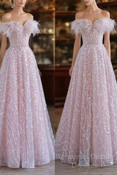 Pretty A Line Off The Shoulder Pink Sequin Long Evening Party Dress Semi Formal Prom Dresses