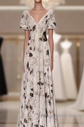 Pretty A Line V Neckline Floral Long Semi Formal Prom Dresses Birthday Dress For Women