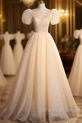 Pretty A Line V Neckline Short Sleeves Long Evening Party Dress Semi Formal Prom Dresses