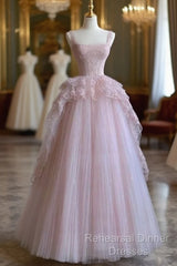Pretty Ball Gown Strapless Pink Long Lace Semi Formal Prom Dresses Formal Evening Dress