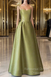 Pretty Ball Gown Straps Sage Green Satin Long Length Evening Dress Semi Formal Prom Dresses