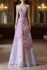 Pretty Ball Gown Sweetheart Pink Floral Tulle Long Semi Formal Prom Dresses Evening Gowns