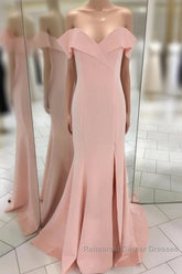 Pretty Blush Pink Mermaid V-Neck Off Shoulder Semi Formal Prom Dresses Long