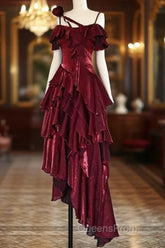 Pretty Irregular Ruffled Spaghetti Straps Burgundy Evening Prom Dress With Detachable Rose Long Birthday Dress For Women