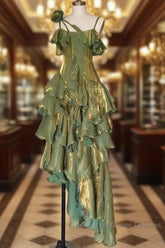 Pretty Irregular Ruffled Spaghetti Straps Green Semi Formal Prom Dresses With Detachable Rose Long Birthday Dress For Women