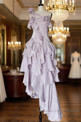 Pretty Irregular Ruffled Suspender Semi Formal Prom Dresses With Detachable Rose Long Birthday Dress For Women