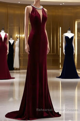 Pretty Mermaid Burgundy Velvet Long Backless Evening Dress Semi Formal Prom Dresses