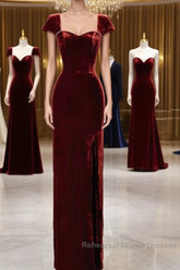 Pretty Mermaid Burgundy Velvet Slit Evening Dress Semi Formal Prom Dresses