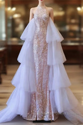 Pretty Mermaid High Neckline Sequin Beads Long Semi Formal Prom Dresses Formal Evening Dress