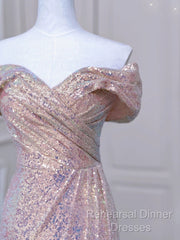 Pretty Mermaid Off The Shoulder Pink Sequin Long Evening Dress Semi Formal Prom Dresses