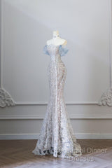 Pretty Mermaid Off The Shoulder Sequin Blue Long Semi Formal Prom Dresses Evening Gowns