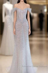 Pretty Mermaid Off The Shoulder Silver Sequin Evening Dress Semi Formal Prom Dresses