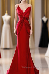 Pretty Mermaid One Shoulder Red Satin Long Evening Dress Semi Formal Prom Dresses