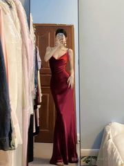 Pretty Mermaid Spaghetti Straps Burgundy Satin Long Floor Length Prom Dresses