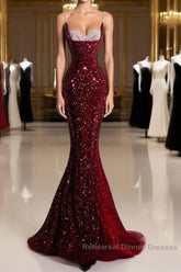 Pretty Mermaid Spaghetti Straps Sequin Beads Burgundy Long Semi Formal Prom Dresses Formal Evening Dress