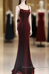 Pretty Mermaid Spaghetti Straps Wine Red Velvet Long Evening Dress Semi Formal Prom Dresses